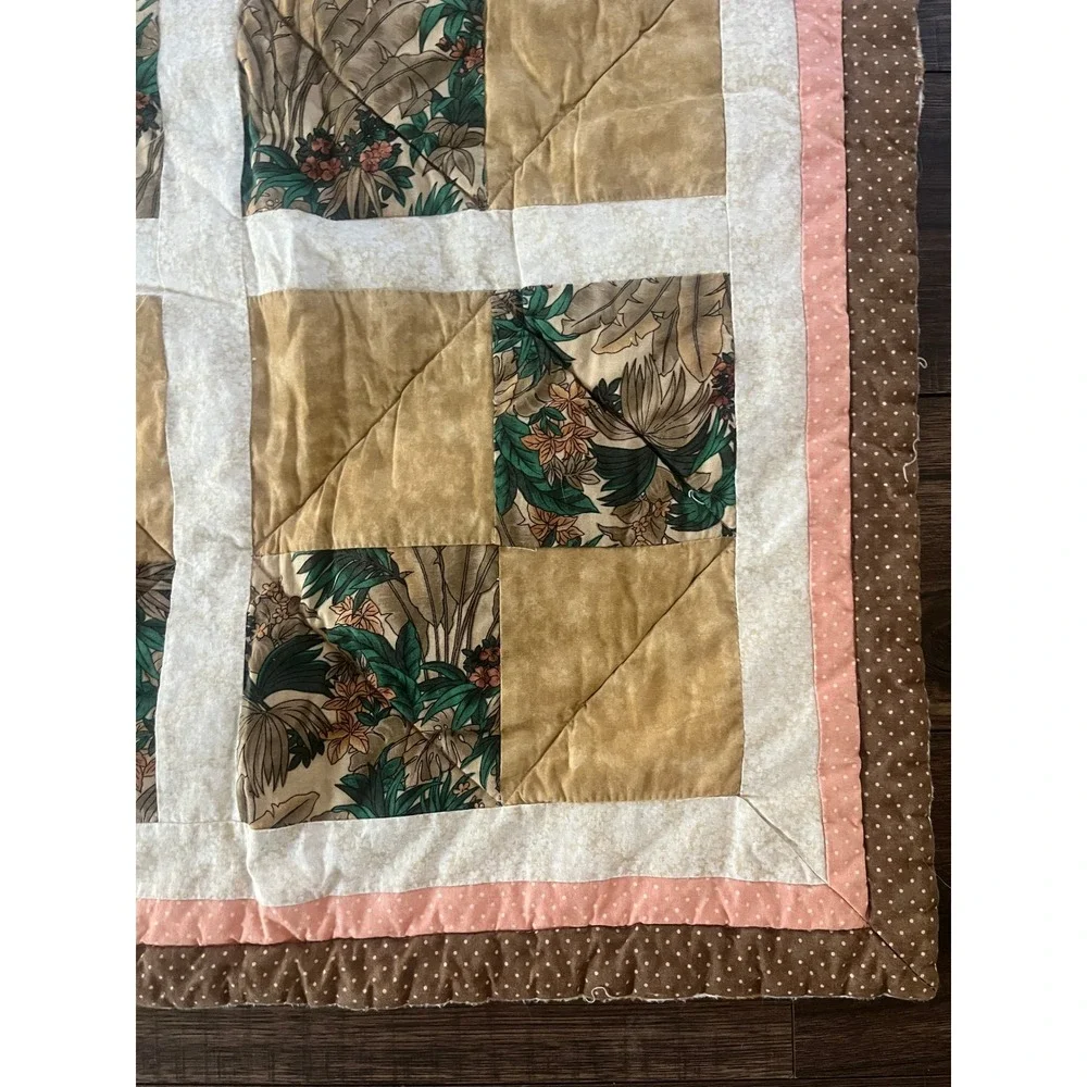 Handmade Reversible Patchwork Quilt Tropical Bird Floral Brown Pink 48